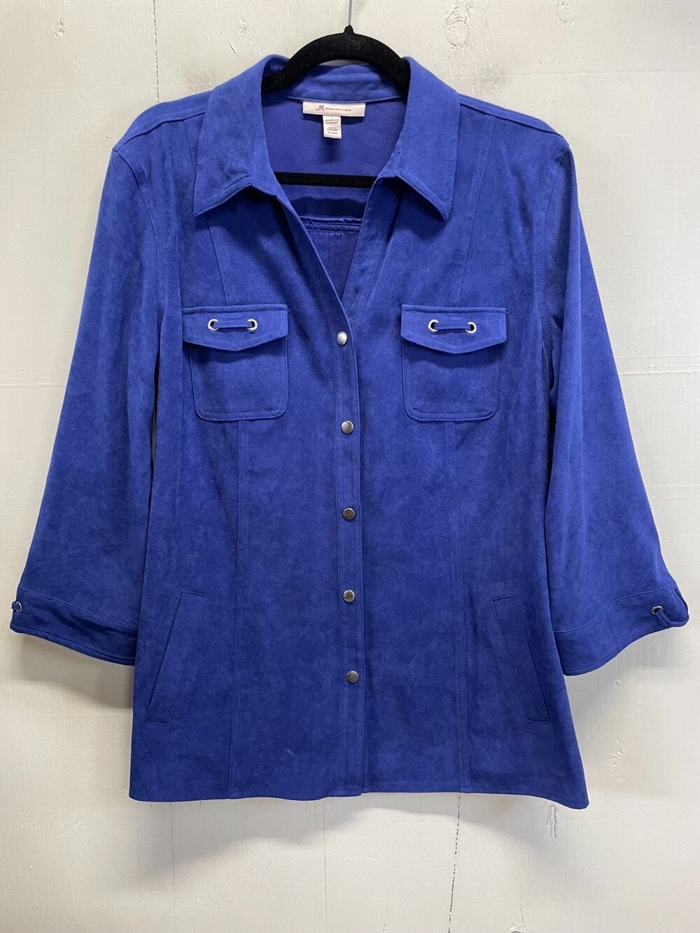 JM Collection Women's Royal Blue Faux Suede Shirt Jacket Size Large Snap Closure